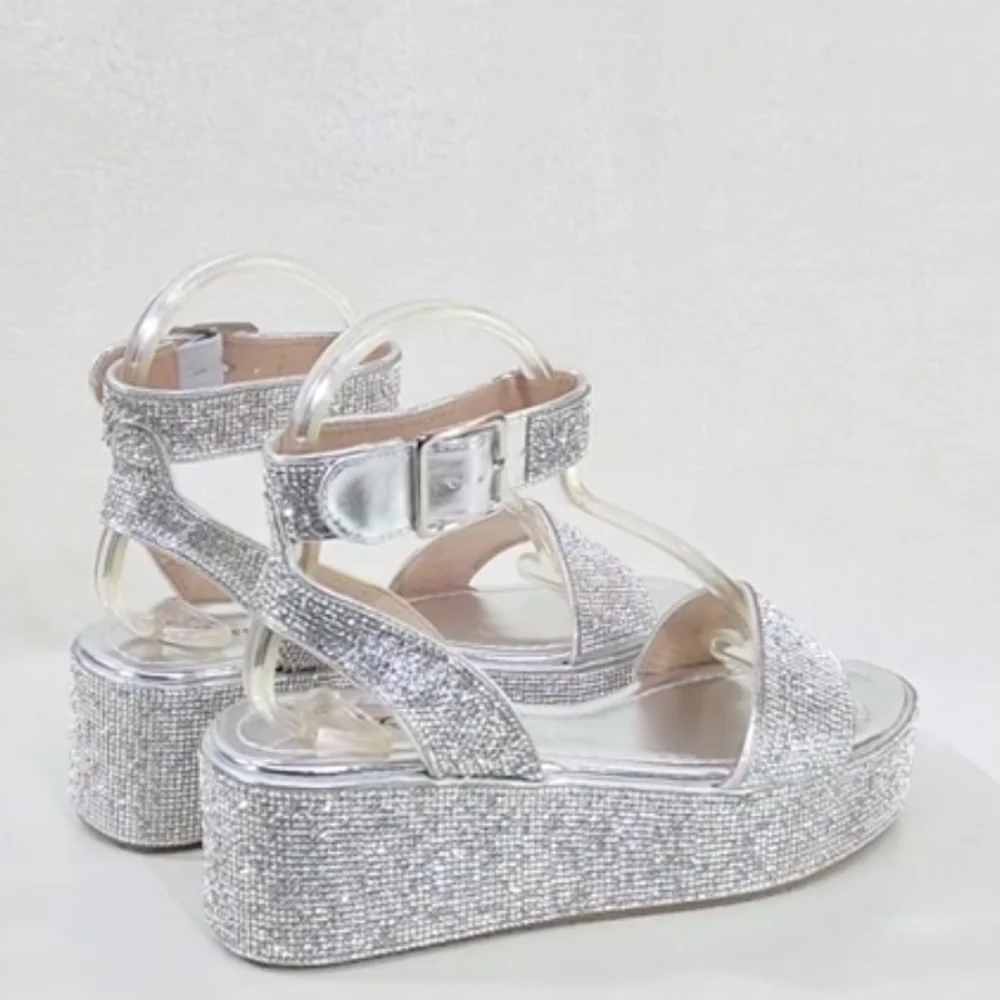 - Flashy Silver Ankle Strap Sparkling Rhinestone Wedge 2